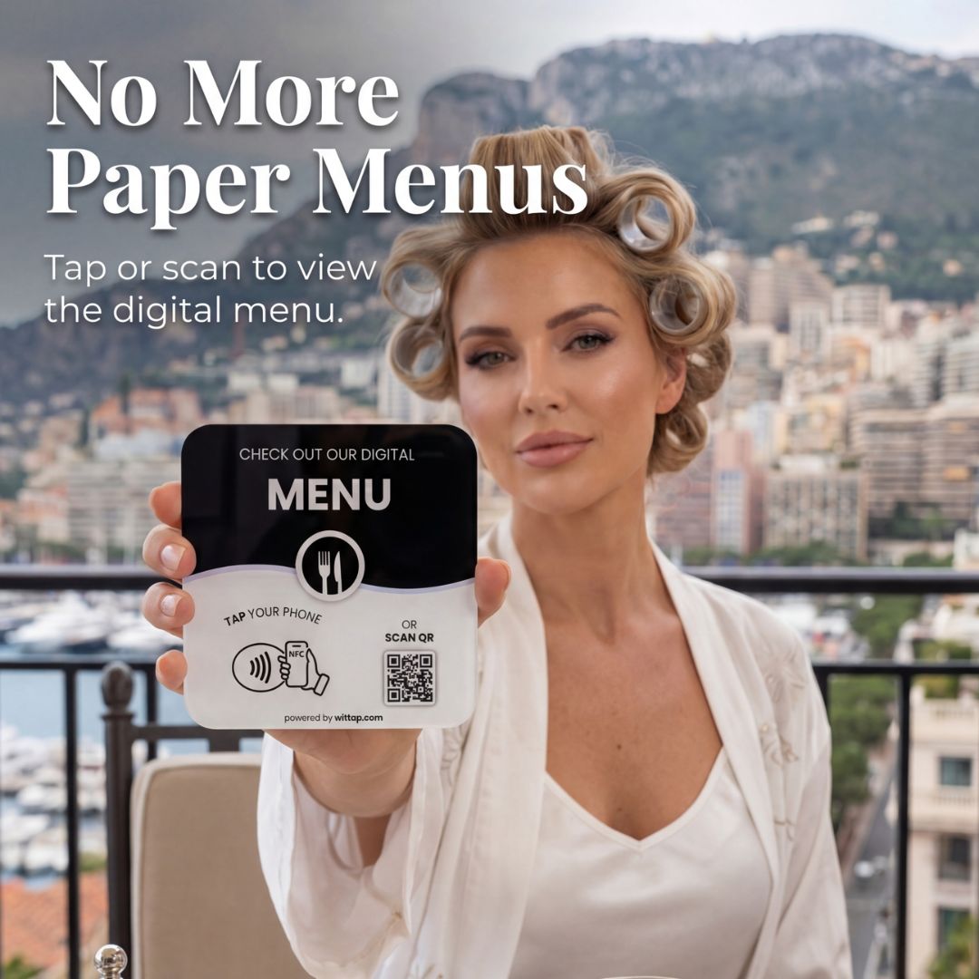 Restaurant guest using WITTAP smart NFC digital menu plate with QR code
