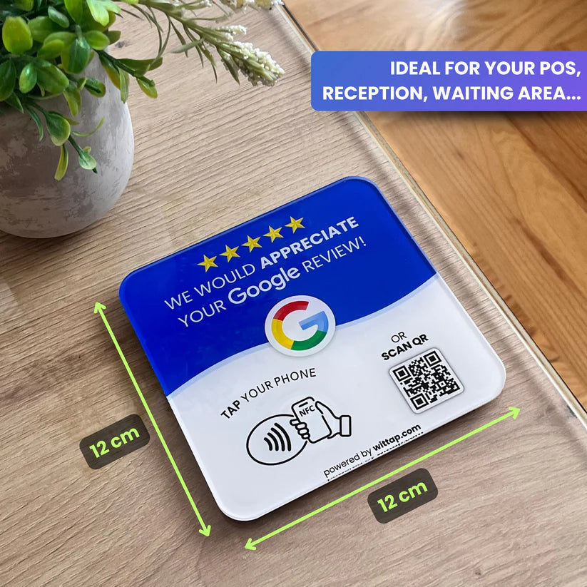12x12 cm square Google review NFC plate with QR code for POS and waiting areas
