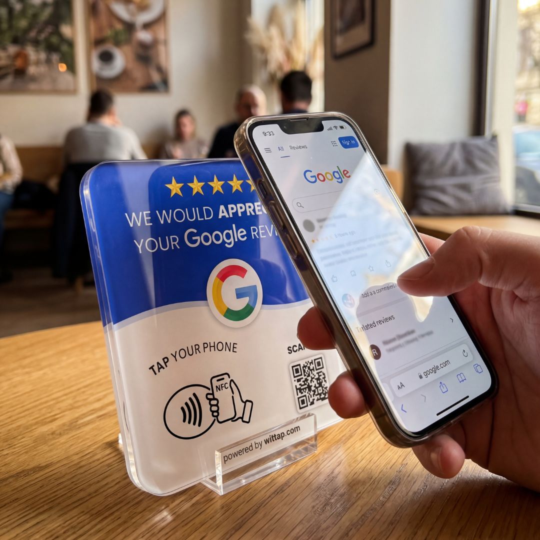 Customer tapping iPhone to WITTAP NFC Google review plate in a restaurant cafe