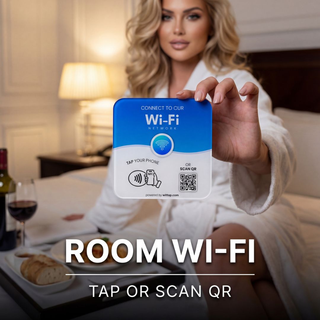 Premium contactless Wi-Fi tap plate used by guest in luxury hotel room