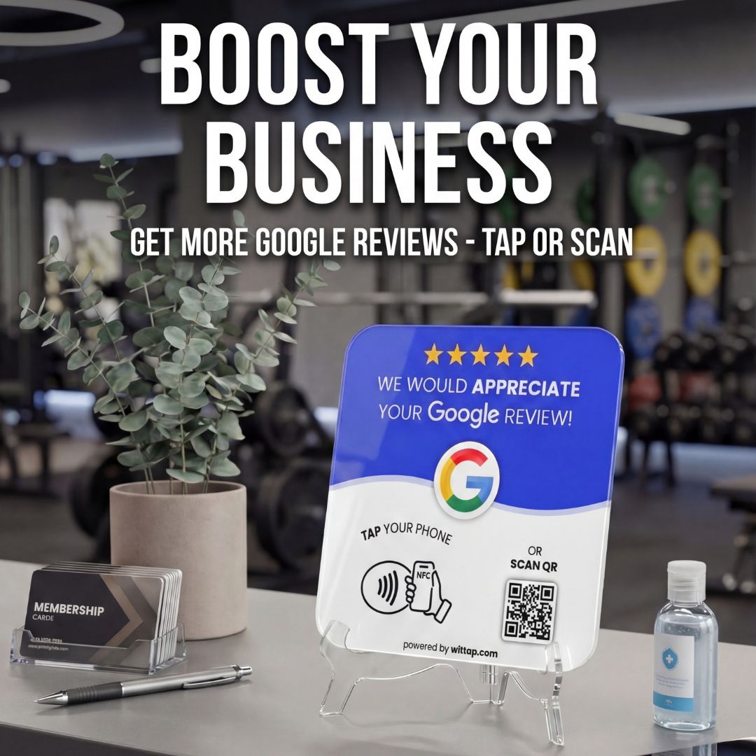 Boost your business with contactless Google review plate featuring NFC and QR code on front desk