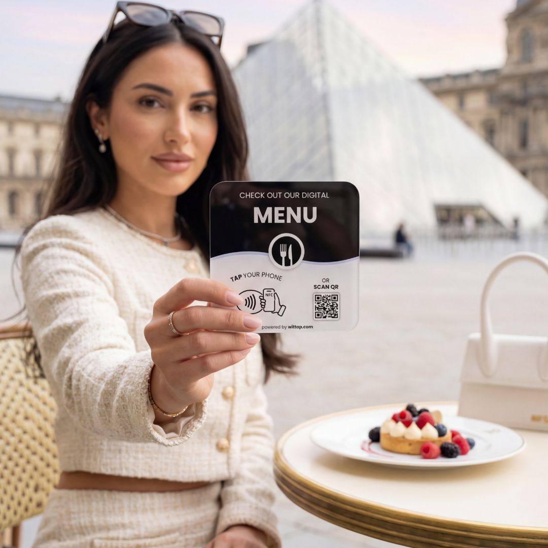Cafe guest holding contactless NFC digital menu plate over table
