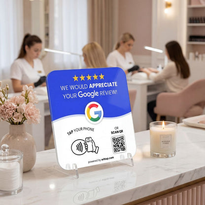 WITTAP NFC Google review plate for beauty salons and nail studios on reception desk
