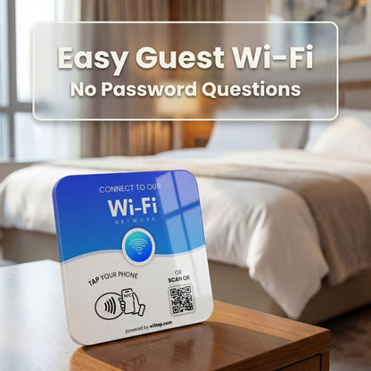 Easy guest Wi-Fi NFC table sign with no password questions for hotel rooms

