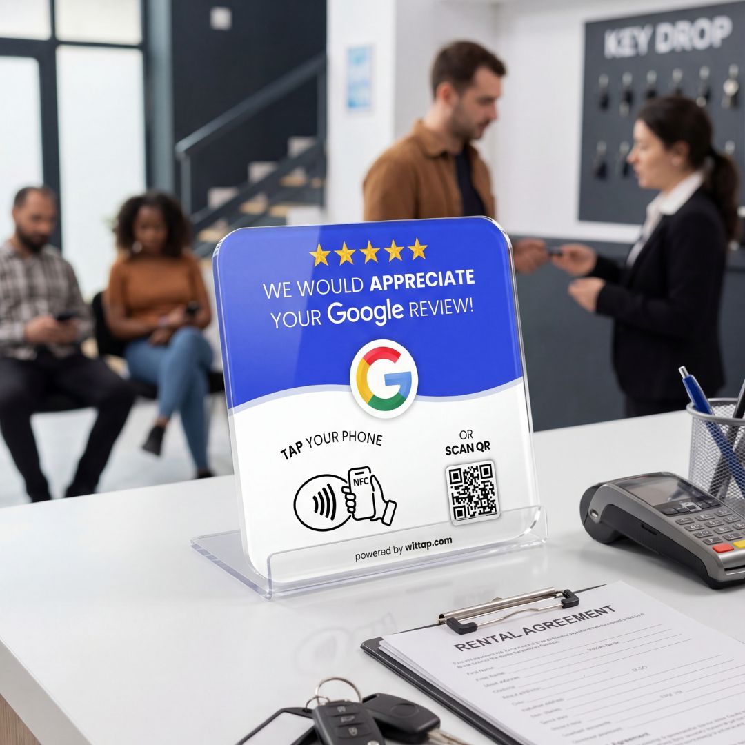 WITTAP NFC smart Google review plate for reception desks and hotel lobbies with contactless tap feature
