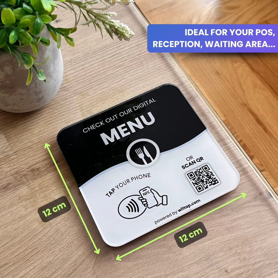 Contactless NFC menu table stand 12x12cm dimensions for restaurants