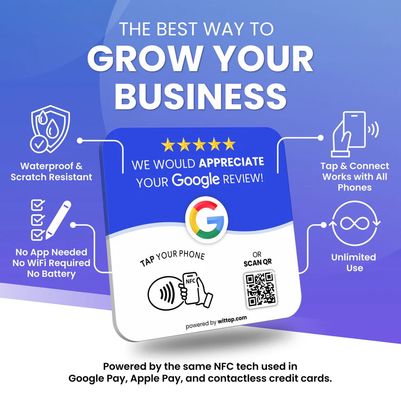 Waterproof smart Google review NFC plate features no battery needed and works with all phones