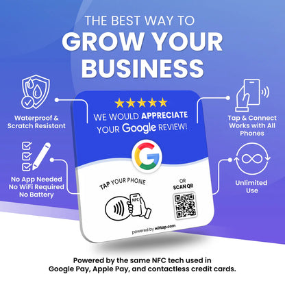 Waterproof smart Google review NFC plate features no battery needed and works with all phones